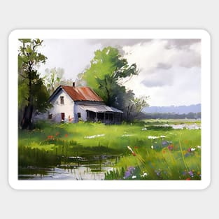 Watercolor of a pretty farmhouse in a field of wild flowers Sticker